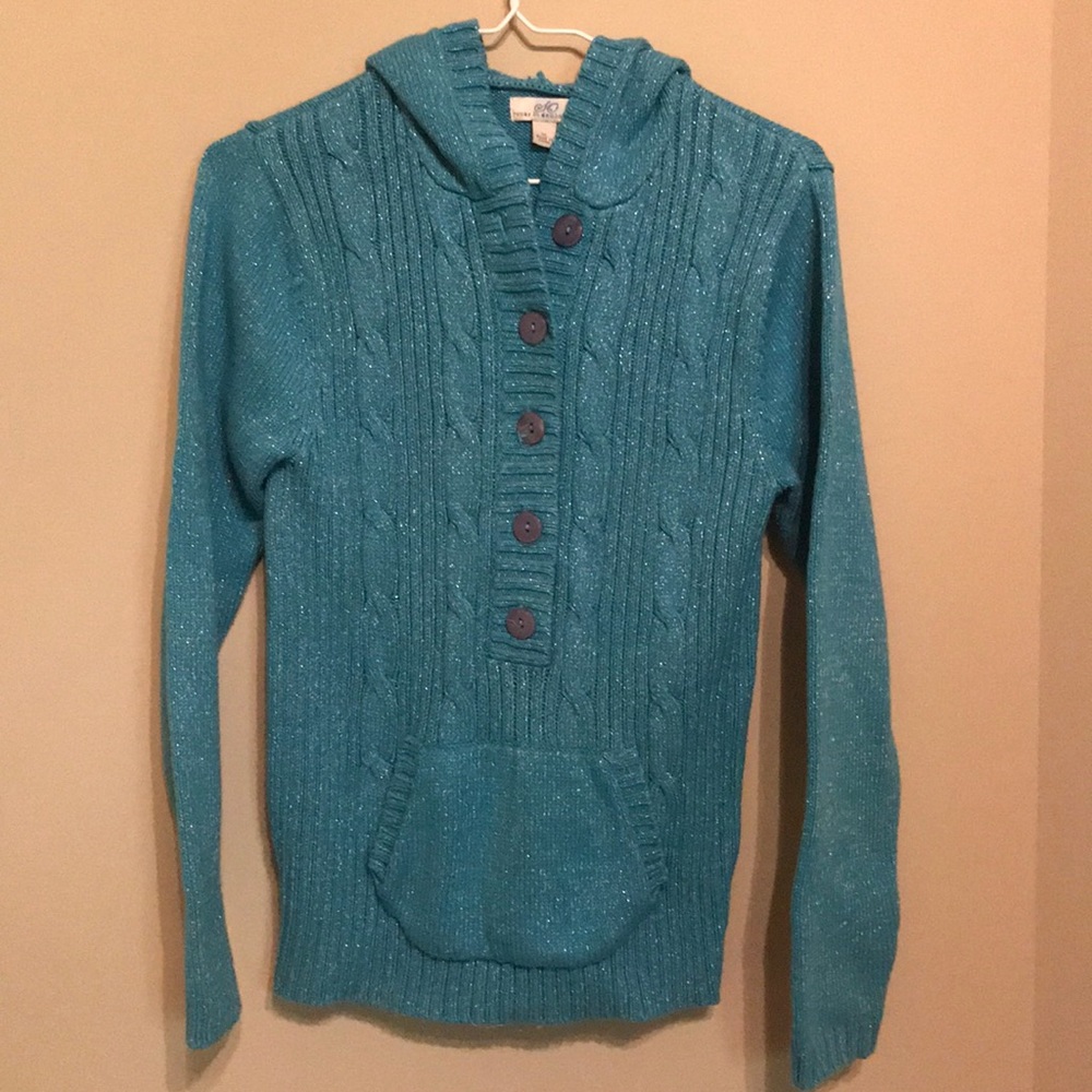 Teal w/ silver sweater pullover w/ hood & pockets